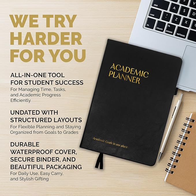 Decorably 240 Pages Gold Foil Monthly & Weekly Undated College Student Planner with Stickers, 6x8.6in Leatherette Hardcover with Goals, Priorities, to-dos, Habit Tracker & Notes - Home, School, Office