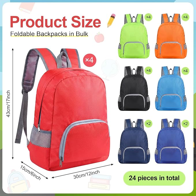 24 Pcs Back to School Backpacks in Bulk Classic Colorful Foldable Backpacks Oxford Cloth Multi-Use Book Bags for Outdoor Travel Student School Supply 7 Colors