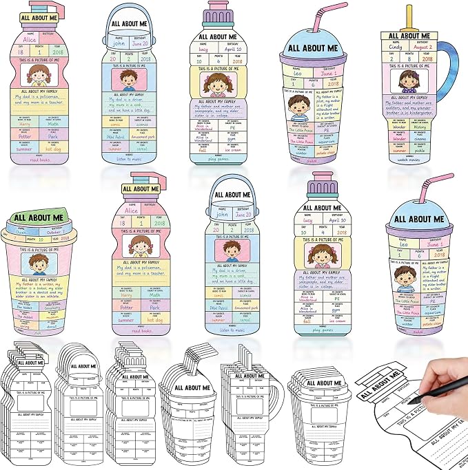 30 Pcs All About MePosters Water Bottle Star Student Poster to Fill in Elementary Kindergarten Classroom Decor Self-Introduction All About Me Posters for Back to SchoolClassroom Supplies