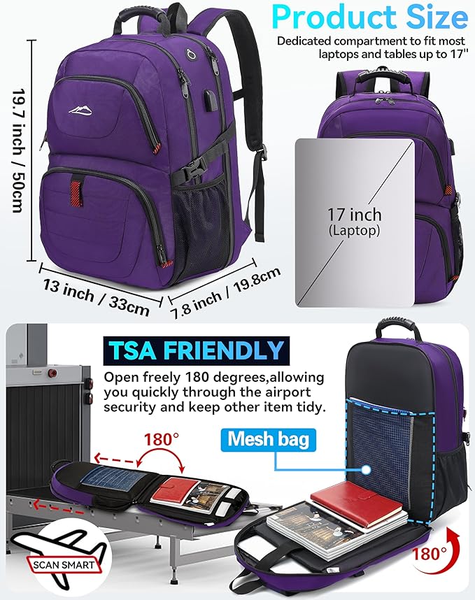 ProEtrade Travel Backpack, Extra Large Laptop Backpack Business Anti Theft TSA Approved College Work Computer Bag Fits 17 Inch Laptop with USB Charging Port for Women Men(Purple)