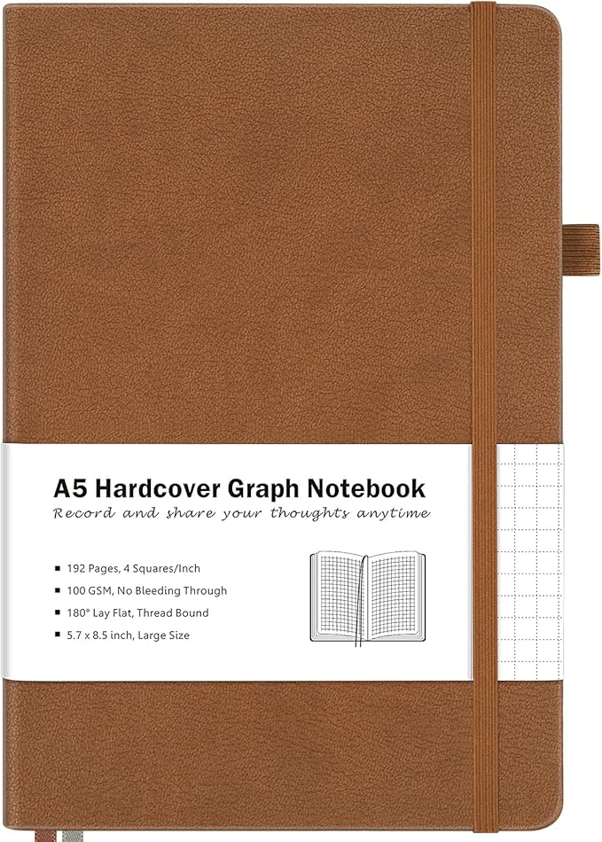 Graph Paper Notebook, Hardcover Notebook, Grid Notebook Journal for Women, Men, Large Leather Journals for Writing, Thick Paper, A5 Notebooks for Work, School Supplies, Engineering, 5.7"x8.5", Brown