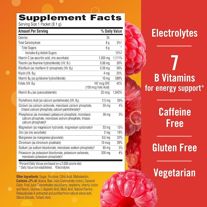 Emergen-C 1000mg Vitamin C Immune Support Powder Raspberry 30CT Includes Zinc, Manganese, 7 B Vitamins and Electrolytes for Back to School Essentials (Pack of 12)