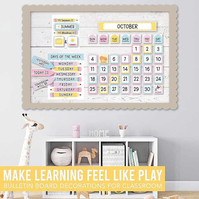 Classroom Calendar Set Bulletin Board Decor – 98 pcs School Calendar for Classroom Elementary & Preschool, Bulletin Board Decorations with Weather Chart & Seasons, Pastel Teacher Must Haves