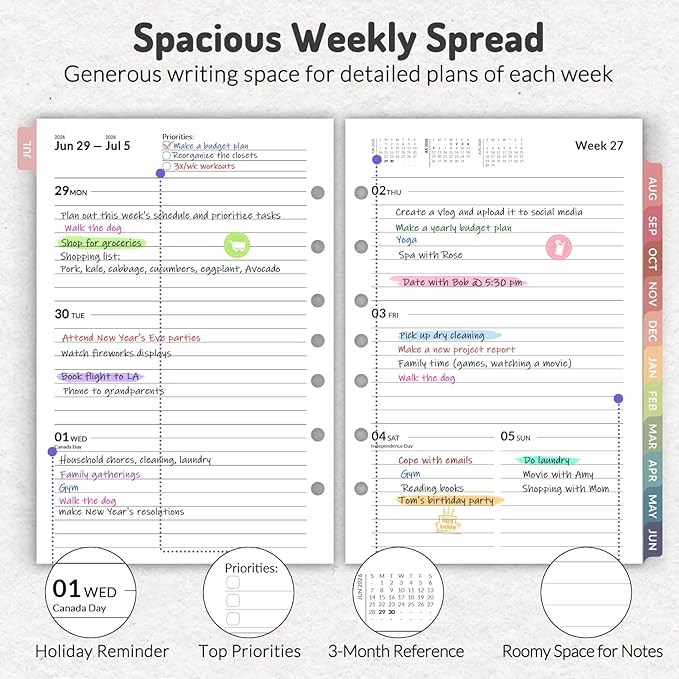 Forvencer 2026 Weekly & Monthly Planner Refills for A5 7-Ring Binders, July 2026 - Jun 2027, 7-Hole Punched Planner Inserts with Colorful Monthly Tabs, Small Calendar Organizers, 5-1/2" x 8-1/2"