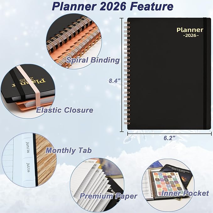 Daily Planner 2026, 2026 Planner Weekly and Monthly, Jan 2026-Dec 2026, 6.2" x 8.4", Agenda Day Planner with Tabs & Pocket, 100GSM Thick Paper, Black
