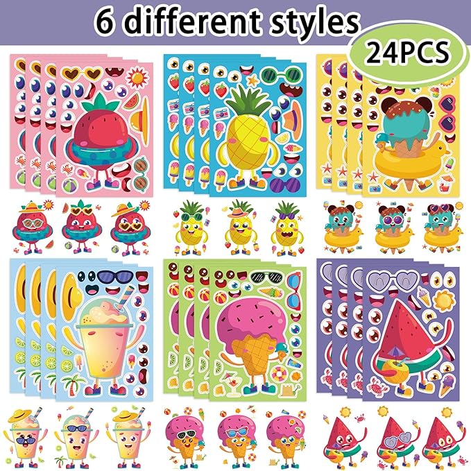 24 Sheets 8.27''×5.9'' Make Your Own Summer Stickers for Kids Toddlers, Make a Face Stickers for Kids Party Favors Activities