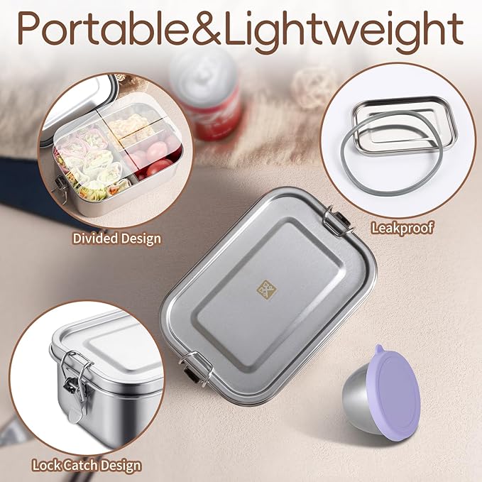 GOLDEN KEY 27oz Stainless Steel Bento Box for Kids with Leak-Proof Condiment Container and 3 Compartments, Lunch Box for Carrying Meals, Snacks, and Fruits, Freezable and Dishwasher Safe (Purple)