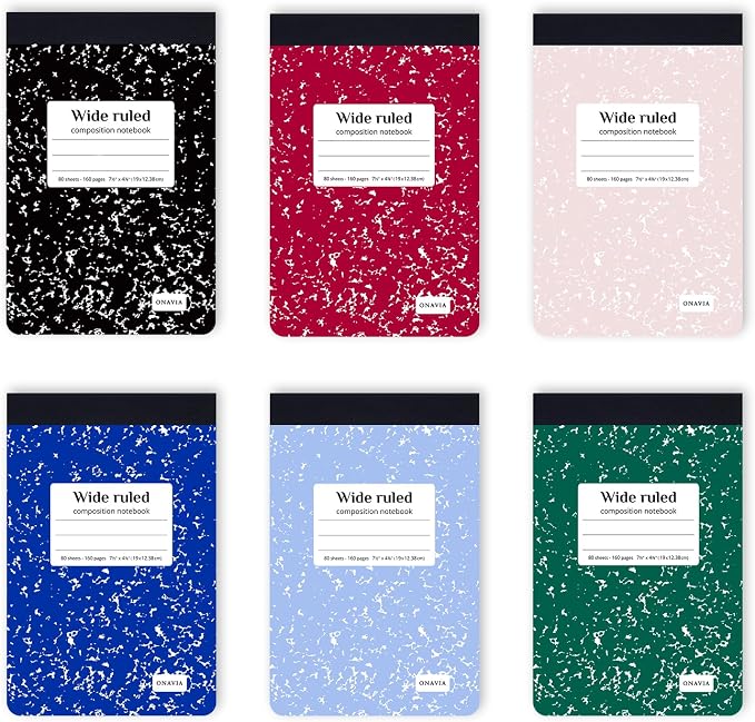 ONAVIA Mini Composition Notebooks, Wide Ruled, 160 Pages, 6 Pack, Assorted