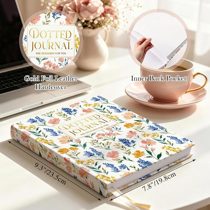 Everloria Premade Dotted Journal Notebook, 12 Months Pre-made Templates, 260 Hand-Drawn Coloring Pages, Undated Weekly & Monthly Planner, 7.8"x9.3" Leather Dot Grid Mood Habit Tracker