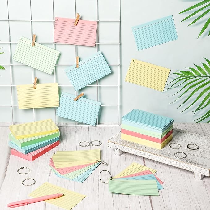 Yexiya 500 Pcs Index Cards with Rings Study Supplies Punched Lined Flash Cards with Holes Ruled Single Hole Notes and Metal Rings for Adults Office(3 x 5 Inch,Pastel Color)