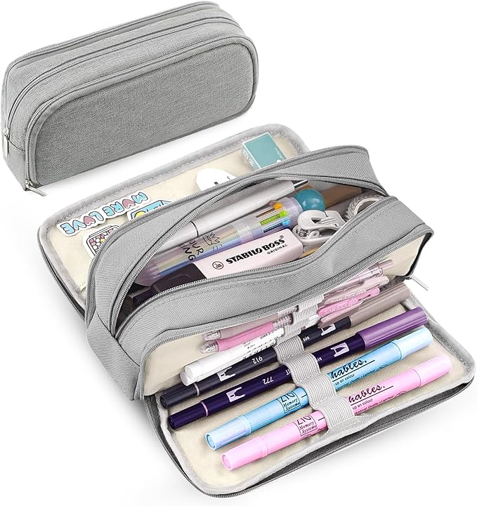 Large Capacity Pencil Case Pencil Pouch Pen Bag with 3 Compartment Stationery Organizer with Zipper, School Supplies Organizer for Teen Adults (Grey)