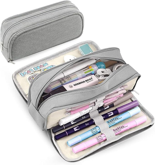 Large Capacity Pencil Case Pencil Pouch Pen Bag with 3 Compartment Stationery Organizer with Zipper, School Supplies Organizer for Teen Adults (Grey)