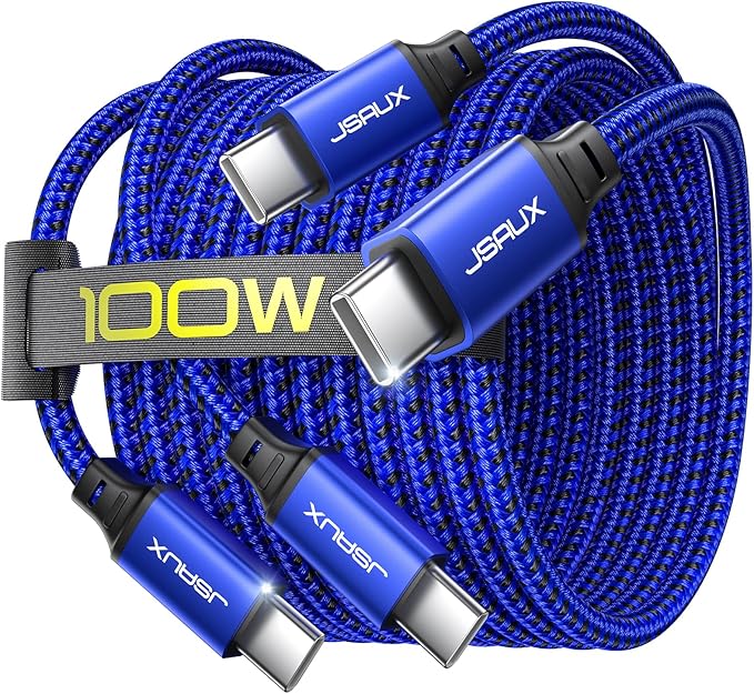 JSAUX 100W USB C to USB C Cable [2-Pack 10FT], Type C Fast Charging Cord for iPhone Air/iPhone 17/iPhone 17 Pro/iPhone 17 Pro Max, iPhone 16/15 Series, Galaxy S/Note Series, MacBook, iPad - Blue