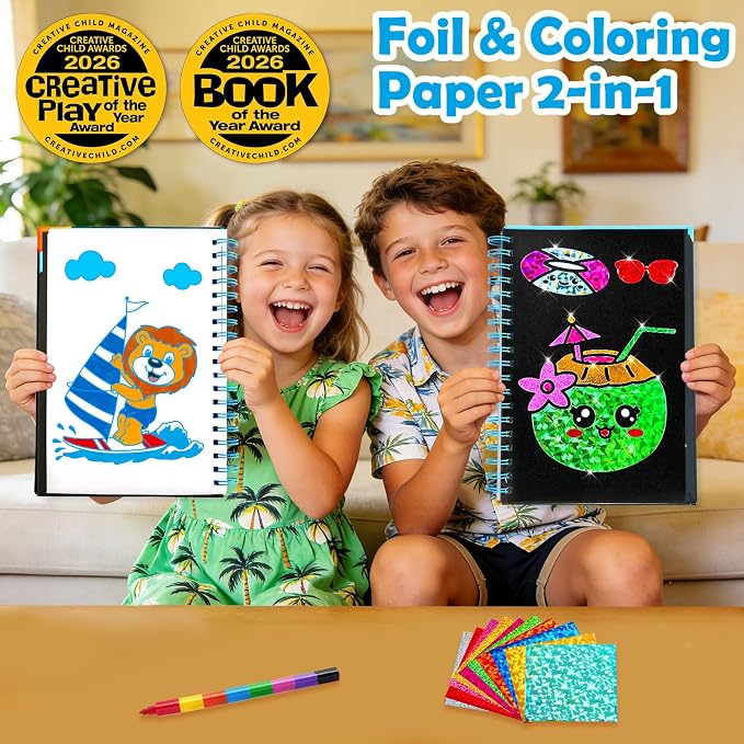 FUNNYB&G Foil Art Craft Kit for Kids 4-10 Years Old: Mess-Free & No-Glue, Create 16 Sparkly Happy Summer Pictures – Perfect Travel Toy & Birthday Gift for Kids(Summer