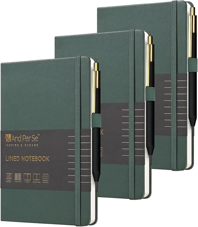 &And Per Se Lined Journal and Pen Set (3 Packs), A5 Leather Hardcover Notebook with Pen & Stationary Set, 160 Pages 100GSM Thick Ruled Paper Journal for Business Work Writing (Green)