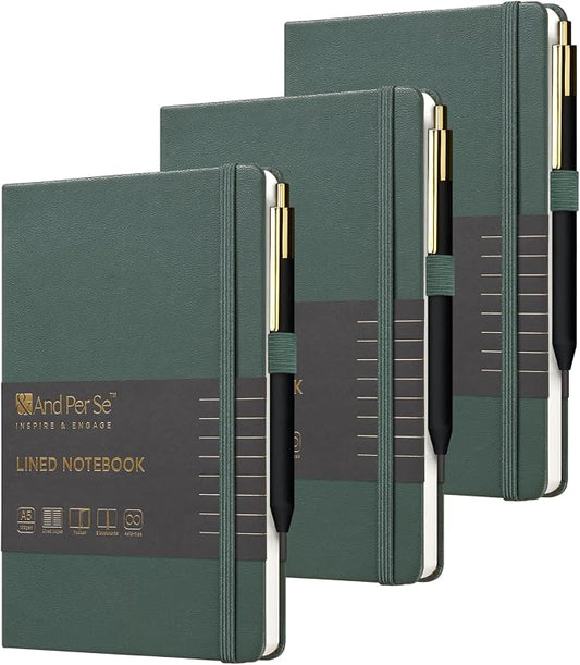 &And Per Se Lined Journal and Pen Set (3 Packs), A5 Leather Hardcover Notebook with Pen & Stationary Set, 160 Pages 100GSM Thick Ruled Paper Journal for Business Work Writing (Green)