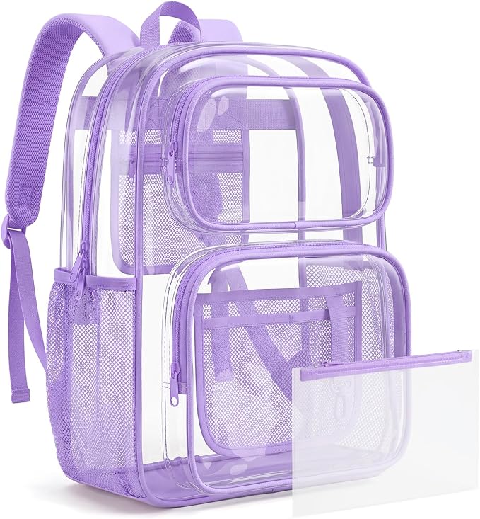 mommore Clear Backpack Set for School, Large Heavy Duty Transparent Bookbag with Pencil Bag for Boys Girls, 17 inch See Through PVC Plastic Backpack with DIY Patches for College Work Casual