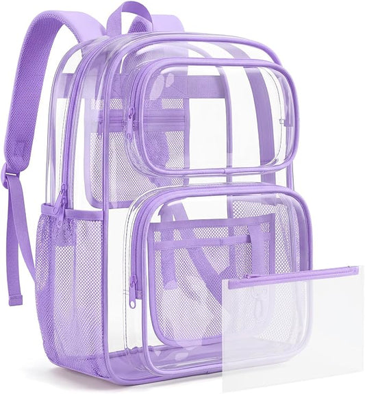 mommore Clear Backpack Set for School, Large Heavy Duty Transparent Bookbag with Pencil Bag for Boys Girls, 17 inch See Through PVC Plastic Backpack with DIY Patches for College Work Casual