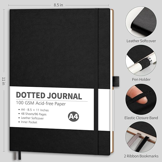 RETTACY Dotted Journal Notebook, 96 Pages, A4 Large Size (8.5'' x 11''), Leather Softcover, 100 GSM Thick Paper, for Journaling, Planning, Tracking (Black)