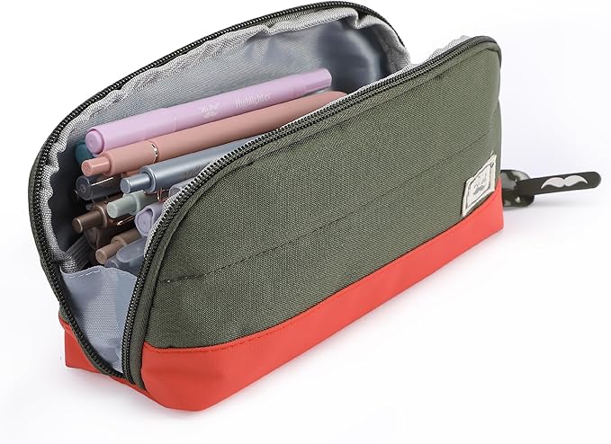 Mr. Pen- Fabric Pencil Case Pouch, 5 Mesh Pockets, Olive Green & Orange, Triangular Shape Pencil Pouch