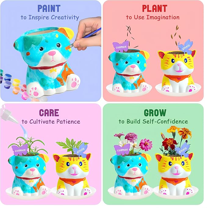 yasest Paint & Plant Flower Growing Kit for Kids - 4 Set DIY Animal Pattern Ceramic Painting Kit, Kids Gardening Set, Arts & Crafts for Ages 8-12, Birthday Gifts for 5 6 7 8 9 10 11 12 Year Old Girl