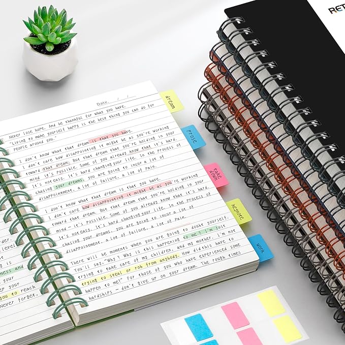RETTACY Spiral College Ruled Notebook, 300 Pages, A4 Large Size (8.2" x 11.2"), for School, Work, Writing, Journaling, 100 GSM Thick Paper, Flexible Plastic Cover (Black)