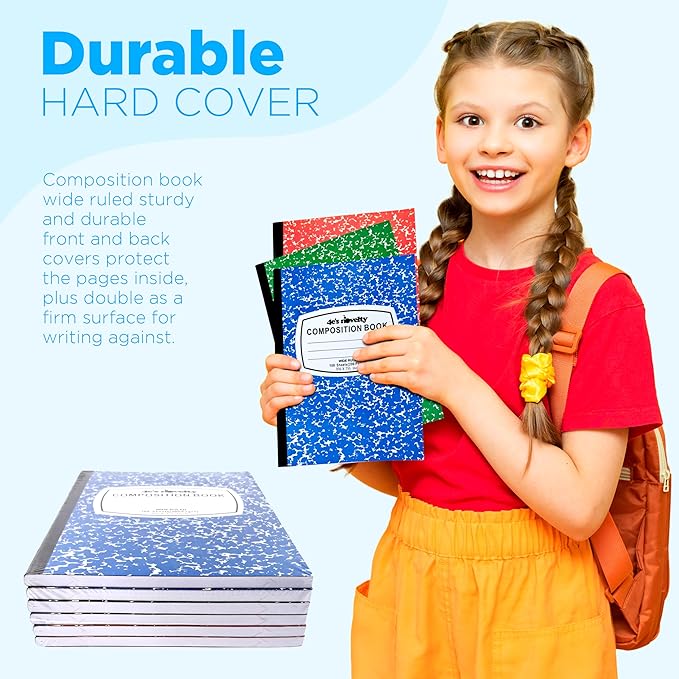 4E's Novelty Wide Ruled Composition Notebooks - Pack of 6- Hard Cover 100 Sheets 9.75" x 7.5" - Red Blue Green Cute Marble Colors, Bulk Compositon Book Wide Ruling, Back to School Supplies