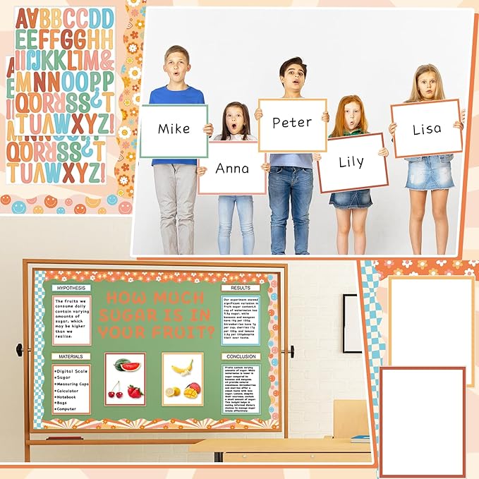122Pcs Science Fair Board Supplies 72 Groovy Hippie Trim Scalloped Borders 36 Presentation Board Subtitles 6 Self Adhesive Project Titles 8 Letter Stickers for Classroom Office Decor(Groovy)