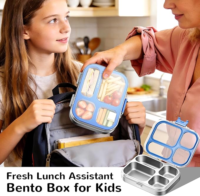 G.a HOMEFAVOR Stainless Steel Lunch Box - 4 Compartments Bento Box for Kids, Leakproof Food Container for School, Office, Dishwasher Safe, BPA-Free, 800 ml/27 oz, Dark Blue