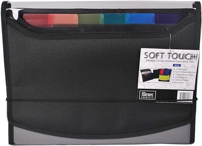 Filexec Soft Touch Padded Canvas Window Expanding File, 13 Pockets, Black (46227-8), Letter, (Pack of 12)