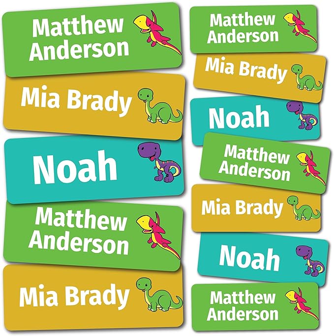 Kids Personalized Name Labels for School, Camp, Daycare (128 Labels) Custom Peel and Stick Waterproof Name Tags Stickers for Water Bottles, Lunch Boxes, Clothing, School Supplies (Dinosaur)