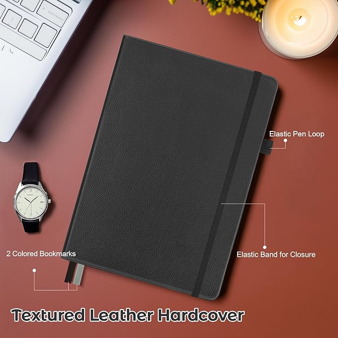 College Ruled Notebook, A5 Hardcover Leather Notebook for Work, Lined Notebook Journal for Women, Men, 100GSM Thick Paper, Large Notebook with Pockets, Professional Business Notebook, 5.7"x8.5", Black