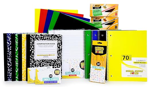 School Supply Boxes | Elementary Writing Bundle (1 Box) | Back to School Essentials Kit for Students & Teachers | Includes Wide-Ruled Filler Paper, Wide-Ruled Notebooks, 12 ct. Pens, & More