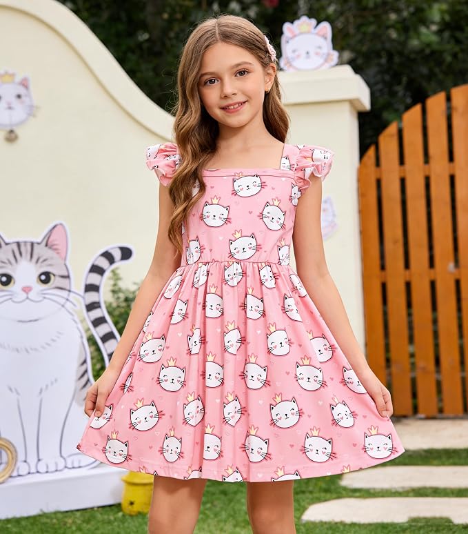 Popshion Girls Dresses Flutter Sleeve Swing Sundress Toddler Summer Clothes Kid Birthday Party Sleeveless Dress 1-8 Years Old