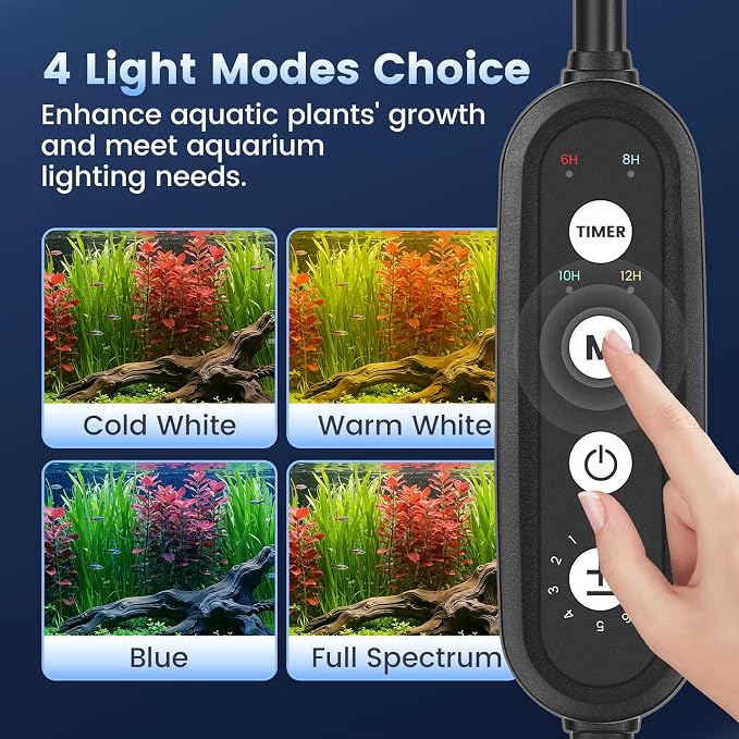 AQQA Clip-On LED Aquarium Light, 4 Light Modes, Adjustable Timer&Brightness | Adjustable Clamp Design with Memory Function, Fish Tank Light for Freshwater Tanks, Fits Tanks Up to 48-55 Inches, 100W