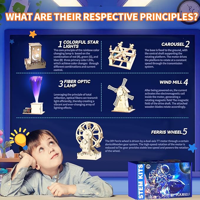 5-in-1 STEM Kits for Kids Ages 8-13, Wooden Building Toys with Motorized Ferris Wheel & Night Light, DIY Science Engineering Projects, Educational Gifts for Boys and Girls