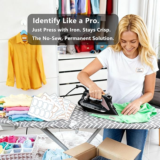 Washable Iron-On Fabric Labels(110 Pcs) with Pen | 3 Shapes & 2 Colors for Kids, Nursing Home, Daycare