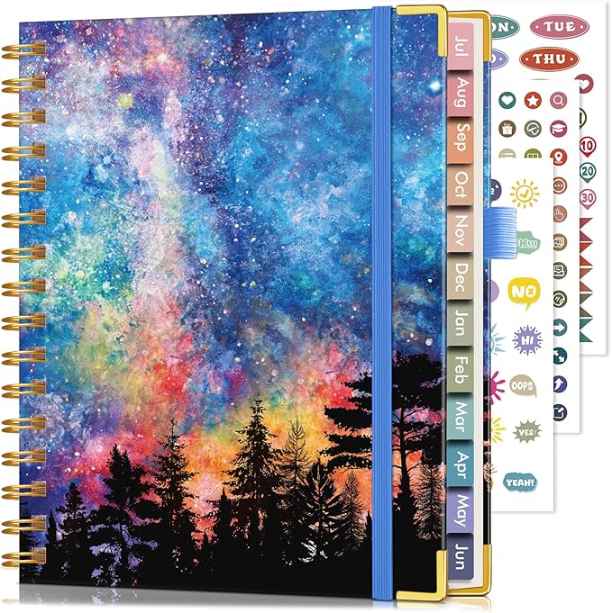 Academic Planner 2026-2027, Hardcover Leather Weekly and Monthly Calendar Planner from July 2026 - June 2027, A5 6.1" x 8.2" Daily Agenda with Tabs, College School Organizer for Student Teacher, Forest Under a Starry Sky