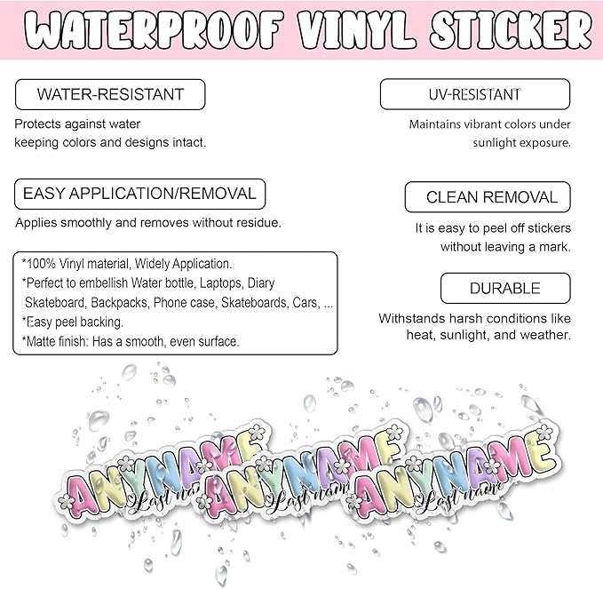 Custom Name Sticker Personalized First and Last Name Sticker Customized Colorful Name Waterproof Vinyl Decal for Water Bottles Laptops Kindle Perfect for Kids Girl Boy Teacher Gifts