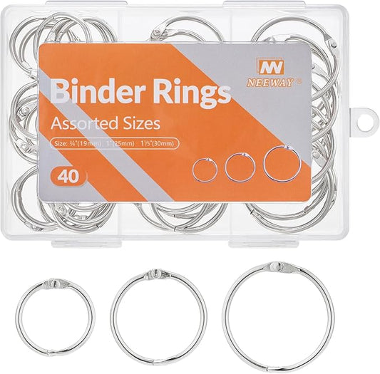 NEEWAY 40pcs Loose Leaf Binder Rings Assorted Sizes (0.75, 1, 1.2 Inch), Metal Rings for Index Cards, Flash Cards, Notebooks,Sliver