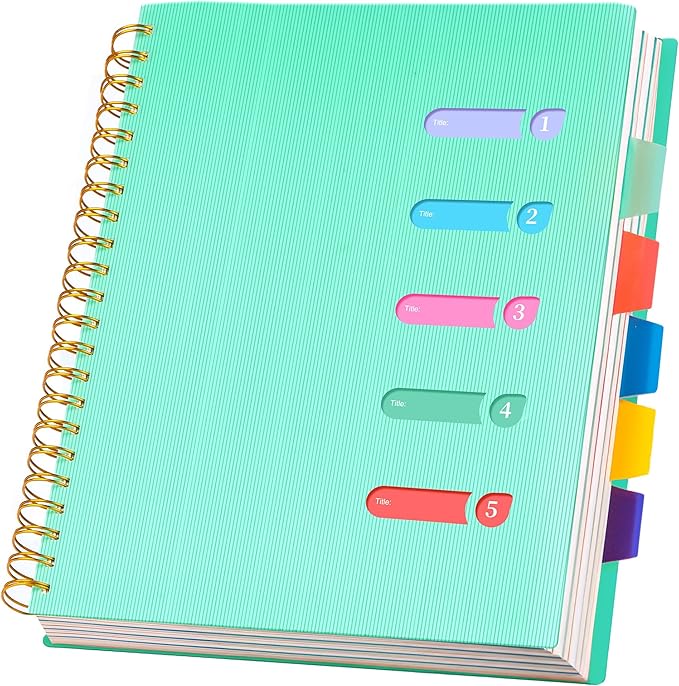 5 Subject Notebook 8.5 x 11 Large Spiral Notebook with Dividers 240 Pages Office Notebooks for Work Multi Subject Notebook with 5 Tabs Professional Organizer Notebooks for Note Taking School, Green