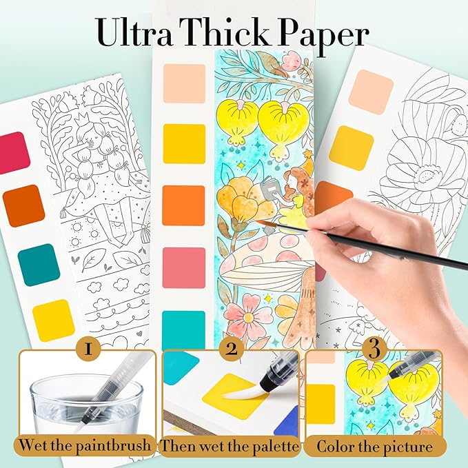 JCREN Watercolor Painting Books, Pocket Watercolor Painting Coloring Kit, Paint with Water Bookmarks Travel Activity Party Favors for Kids Toddlers Gifts for Boys and Girls, 3 Pack