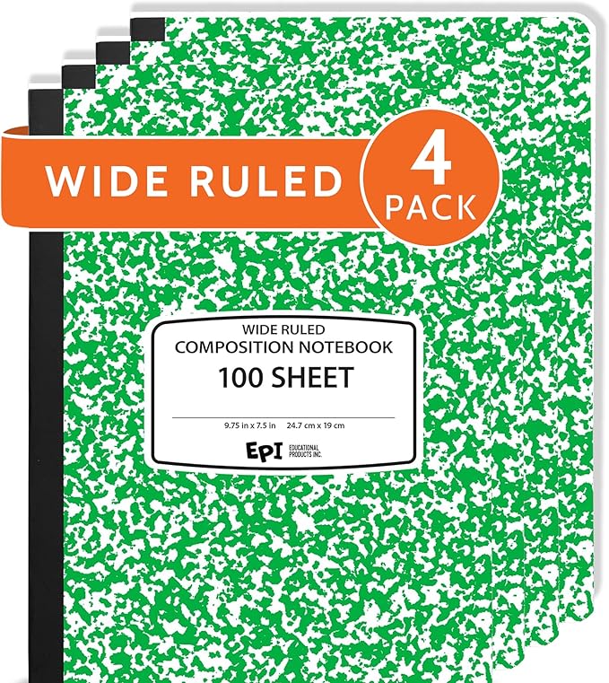 4 Pack - EPI Wide Ruled Marble Composition Notebook - Green 200 Page Note Book - 9.75 x 7.5 Inch Hardcover Journal with Sewn Binding for Secure Pages - Classroom Back to School Supplies
