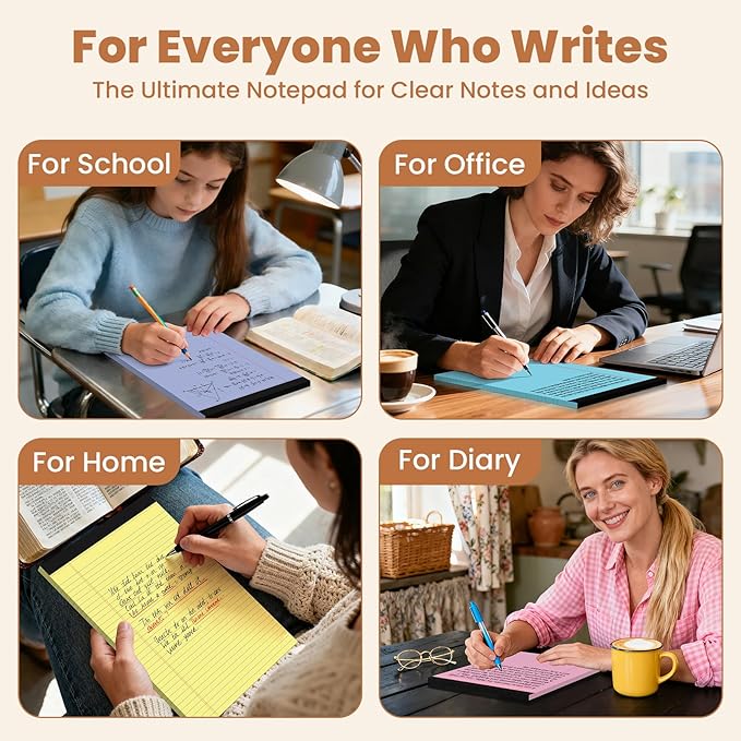 6Packs Legal Pads 8.5 x 11 Inch, 50Sheets/Pack, College Ruled & Perforated Colored Writing Pads, Pads of Paper 8.5 x 11, Lined Note Pads with Sturdy Backing for Office, Business & School Supplies