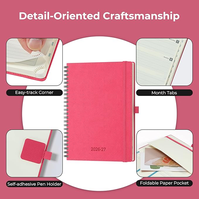 Planner 2026-2027 Daily Weekly and Monthly,8.5"x6.5",18 Months Spiral Bound Calendar Agenda with Self-adhesive Pen Holder,2026 Academic Plan with Vegan Leather Soft Cover,Rose Red