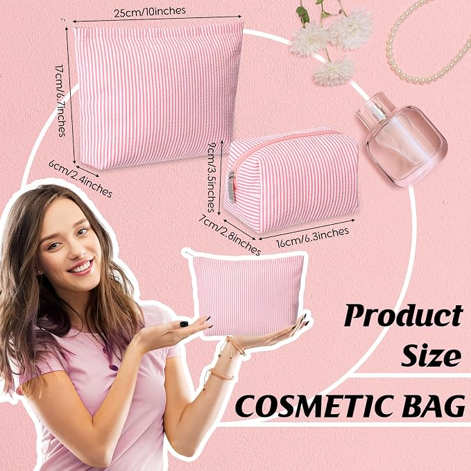 Huhumy 2 Pcs Makeup Bag Set for Women, Rose Pink, Thin Striped Seersucker | Cute Cosmetic Pouch Women Travel Toiletry Bag Preppy Small Makeup Purse Pouch Aesthetic Skincare Brushes Storage Organizer