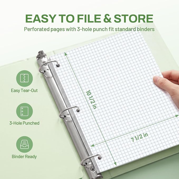 SUNEE Spiral Notebook, 1-Subject, Graph Ruled Paper, 8" x 10-1/2", 100 Sheets per Notebook, 3-Hole Punched Paper, Water Resistant Cover, Spiral Grid Notebooks for Work, Home, School, Writing, Green