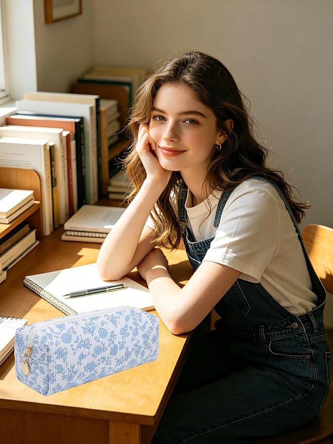 Pencil Case, Pencil Pouch for Women, Pencil Case Small, Pencil Pouch Aesthetic (Blue floral)