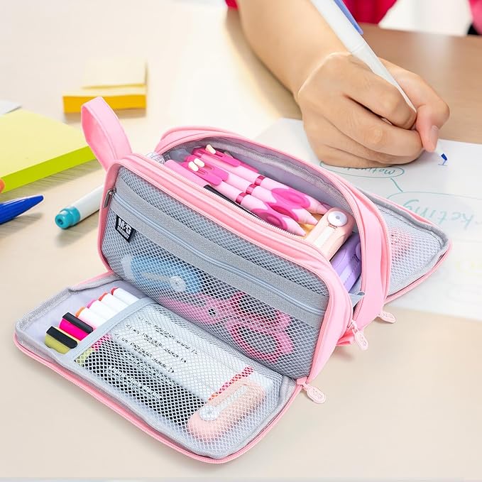 M&G Large Pencil Case, Big Capacity Pencil Pouch with 3-layer Compartment, Portable Handheld Pencil Bag, Cute School Stationery Organizer for Boys Girls Men Women, Ideal for Office School, Pink