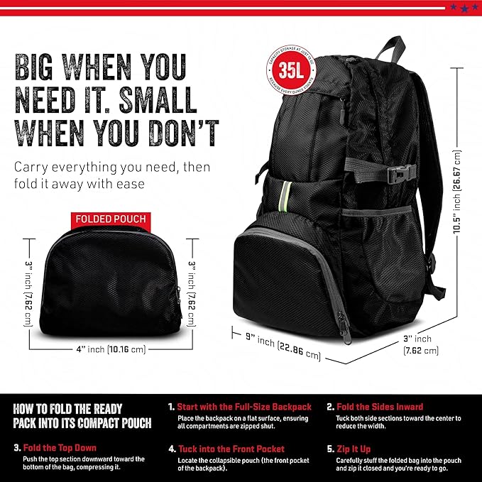 MODERN NEEDS Ready Pack 35L — Foldable Backpack for Travel | Lightweight, Water Resistant Hiking Daypack | Compact, Packable Backpack for Men & Women | Great for Camping & Daily Use